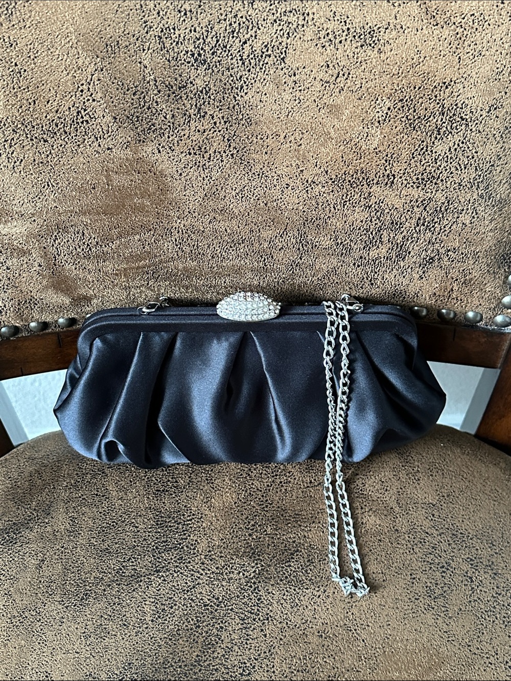 Nina Black Satin Pleated Crystal-Clasp Evening Clutch